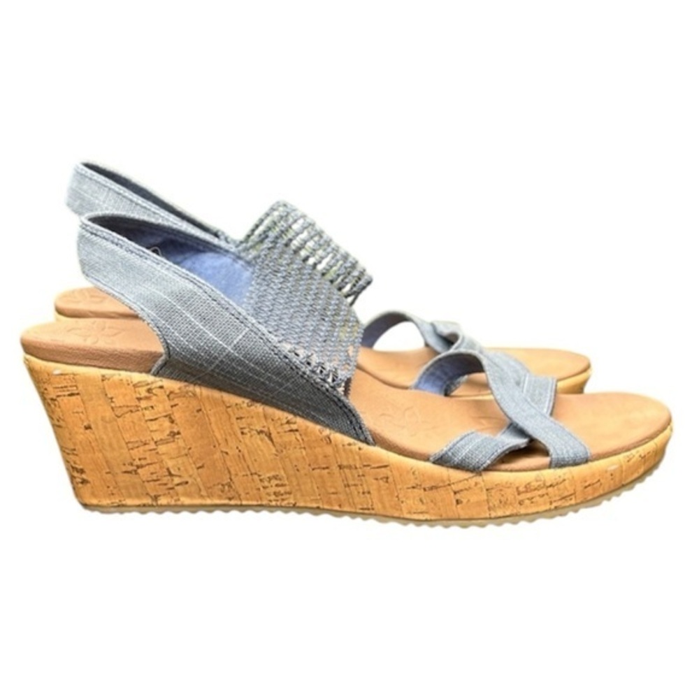 Skechers cork wedge sandals open toe, ankle strap, blue/tan. Size 9